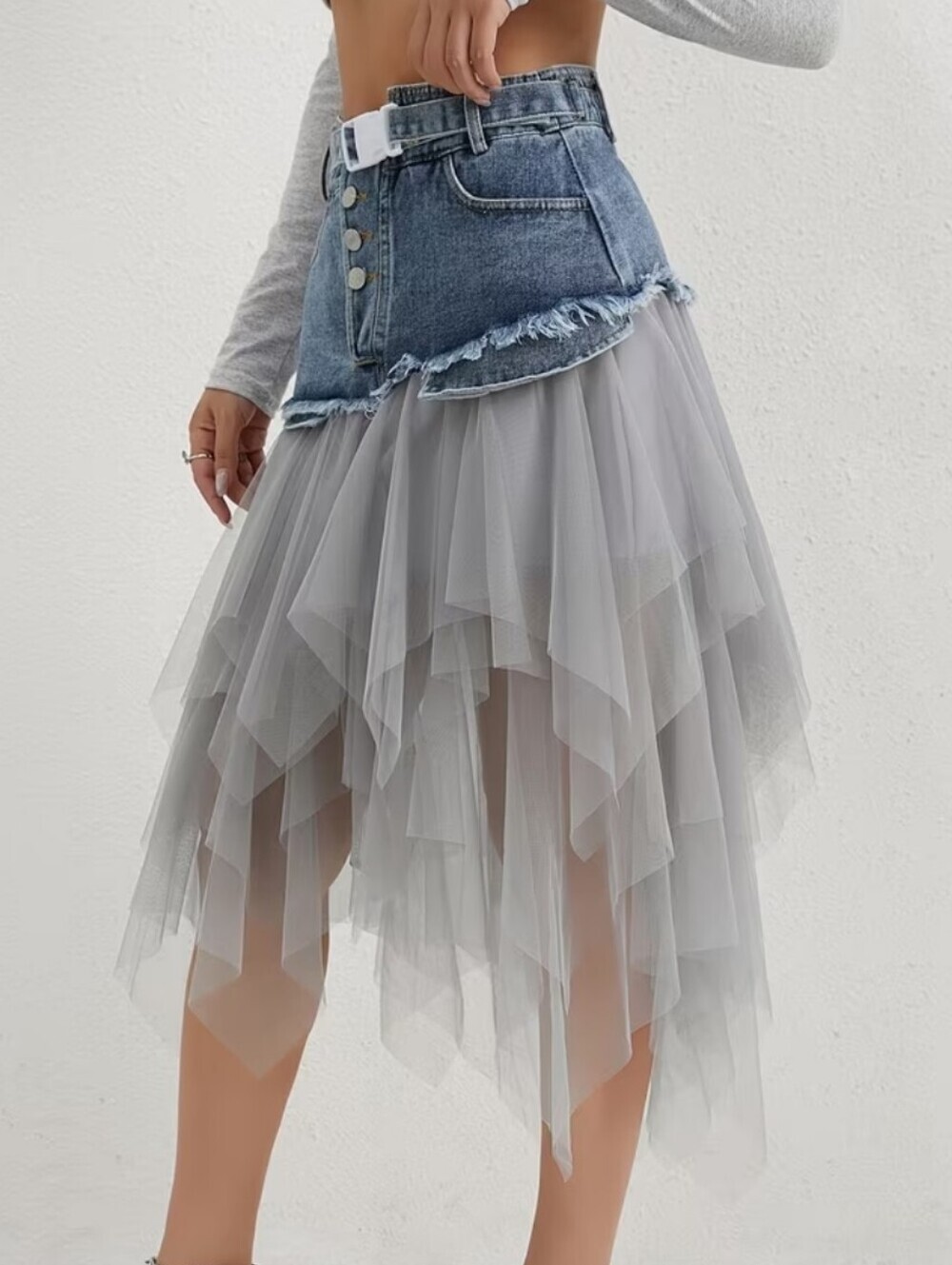 A Midi Skirt for Spring, Summer, And Autumn, Combining Denim And Tulle with a Tr